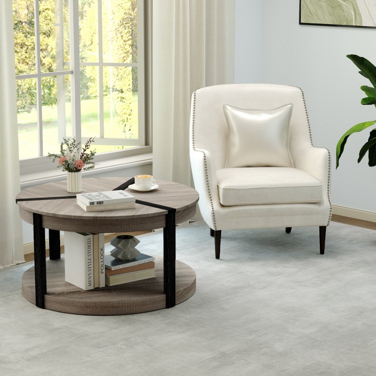 Round 2-tier center table in gray rubber wood with spacious tabletop and storage shelf, perfect for modern living rooms.