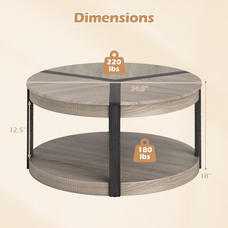 34.5" round center table in gray with rubber wood frame, featuring a spacious tabletop and lower storage shelf.