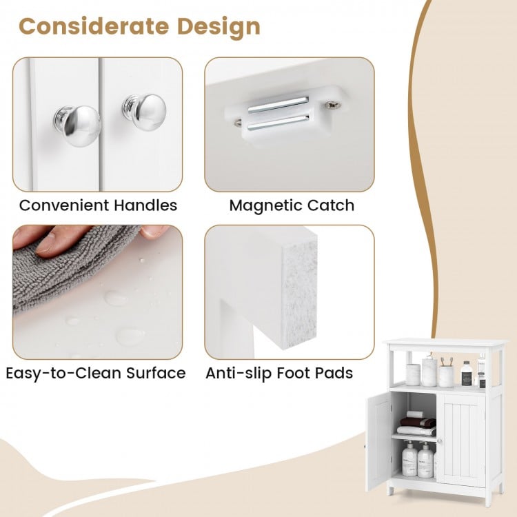 Close-up of the bathroom floor cabinet's convenient handles and magnetic catch, featuring an easy-to-clean surface.