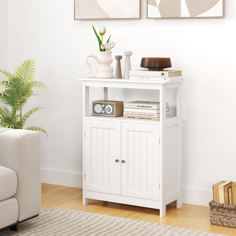 White freestanding bathroom floor cabinet featuring a spacious top surface, perfect for decorative items and easy.