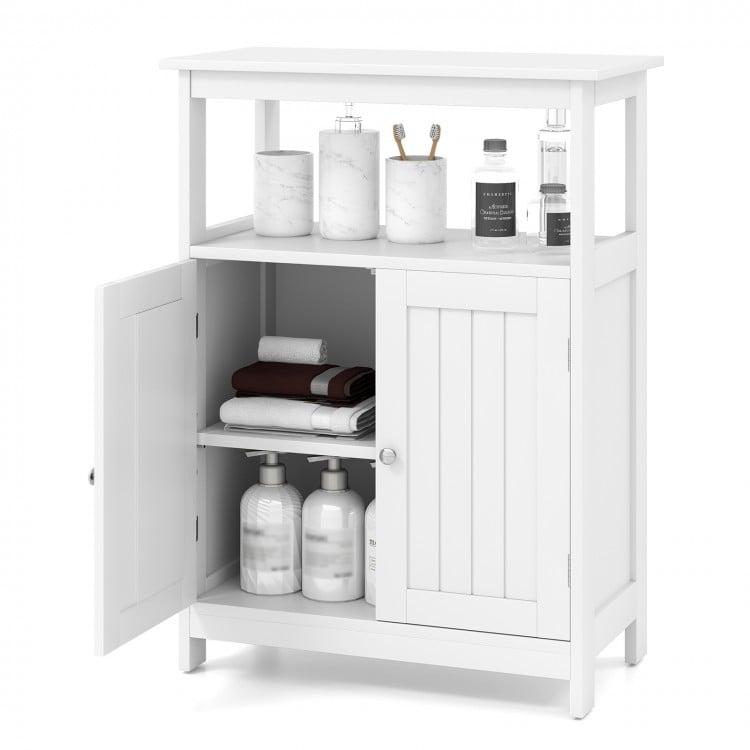 Freestanding white bathroom floor cabinet with open compartment and adjustable shelf for versatile storage solutions.