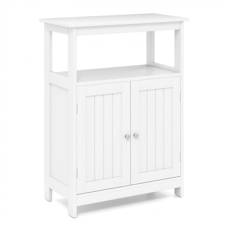 Freestanding white bathroom floor cabinet with open compartment, adjustable shelf, and two doors for versatile storage.
