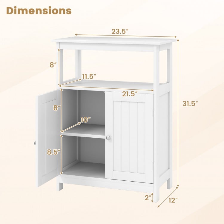 Freestanding white bathroom floor cabinet with open compartment and adjustable shelf, ideal for stylish storage.