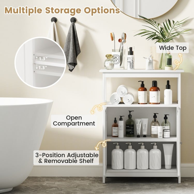 Freestanding white bathroom floor cabinet with open compartment, adjustable shelf, and ample storage for various items.