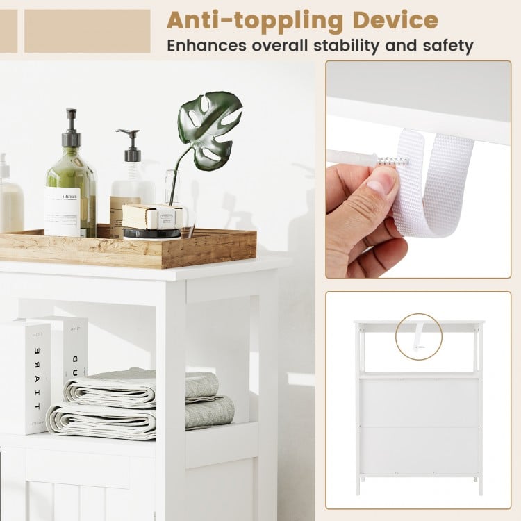 Freestanding white bathroom floor cabinet with open compartment, adjustable shelf, and anti-toppling device for safety.