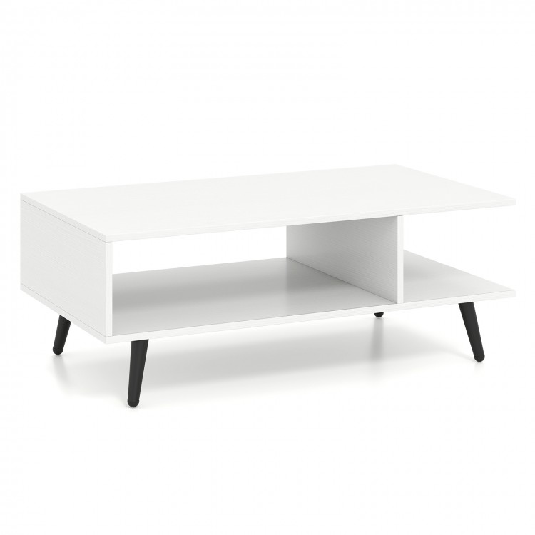 Mid Century Modern coffee table in white with spacious tabletop and 2-tier design, perfect for versatile living spaces.