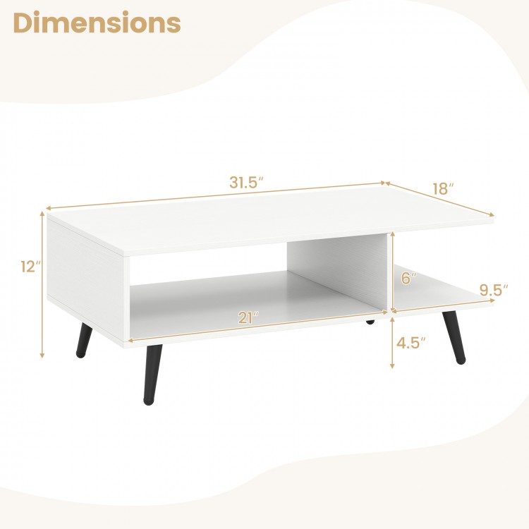 Mid Century Modern rectangle coffee table with dimensions, featuring a spacious 2-tier design and tapered metal legs.