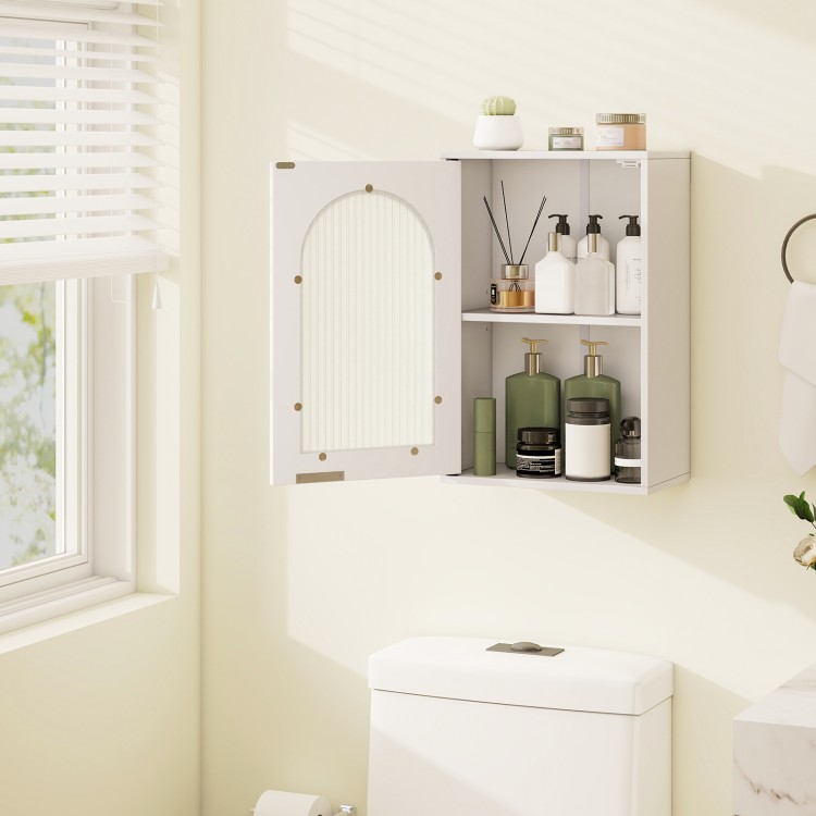 White bathroom wall cabinet with a wavy tempered glass door, featuring an adjustable shelf for customized storage.
