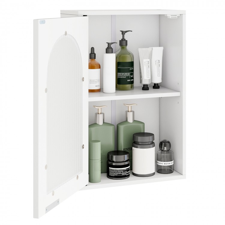Bathroom wall cabinet with tempered glass door, adjustable shelf, and organized storage for toiletries and essentials.