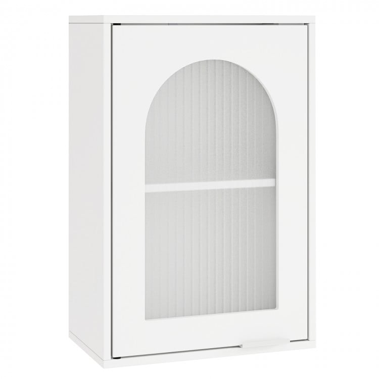 White bathroom wall cabinet featuring a tempered glass door and adjustable shelf, ideal for stylish and efficient.
