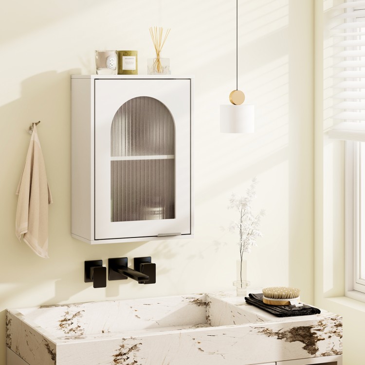 Wall-mounted bathroom cabinet in white with wavy tempered glass door and adjustable shelf, perfect for stylish storage.