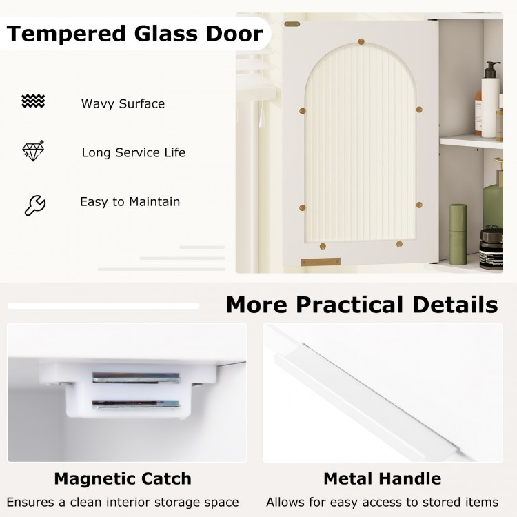 Bathroom wall cabinet with tempered glass door, adjustable shelf, and metal handle for easy access and space-saving.