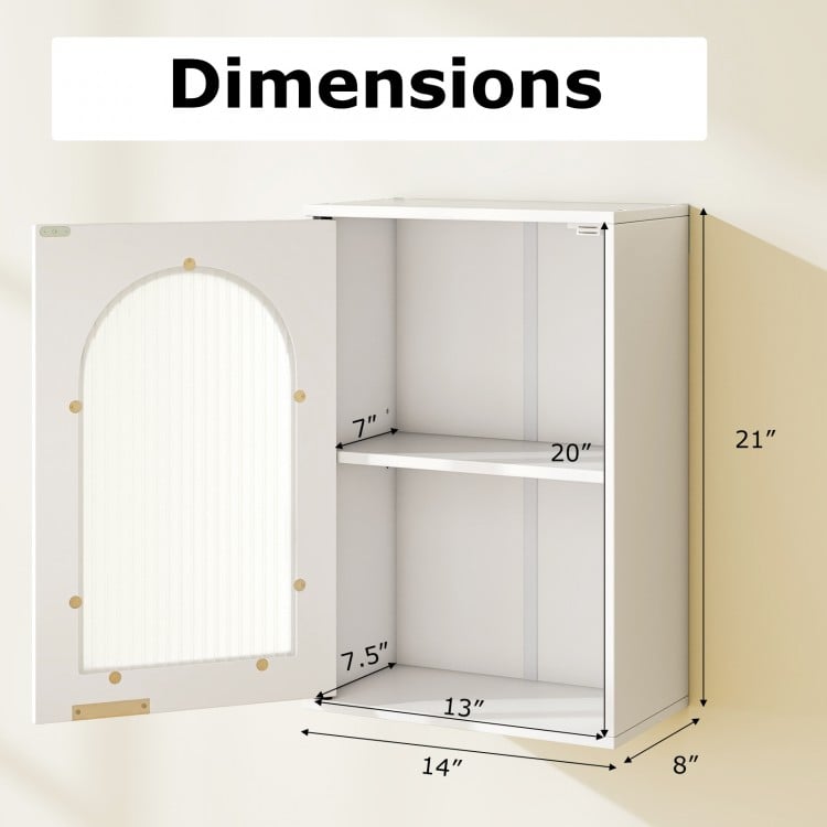 Dimensions of the white bathroom wall cabinet with tempered glass door and adjustable shelf for versatile storage.