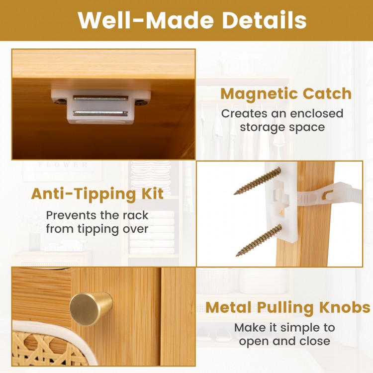 Bamboo clothing rack details showing magnetic catch, anti-tipping kit, and metal pulling knobs for easy access.