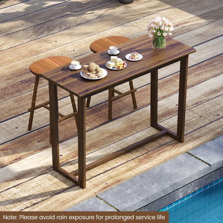 Outdoor bar table with slatted top made of premium teak wood, ideal for patio gatherings and paired with bar chairs.