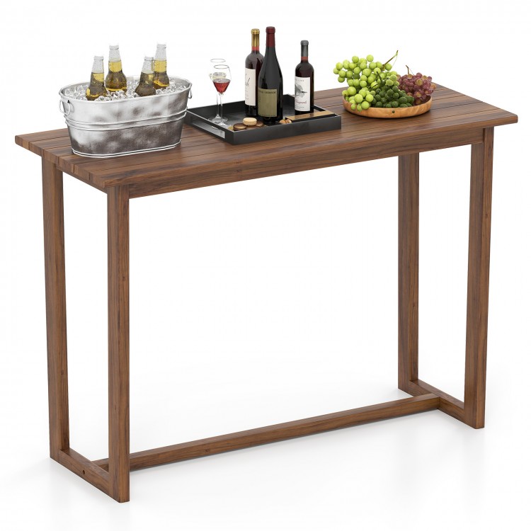 59-inch outdoor bar table made of premium teak wood with a slatted top, perfect for patio gatherings and bar chairs.