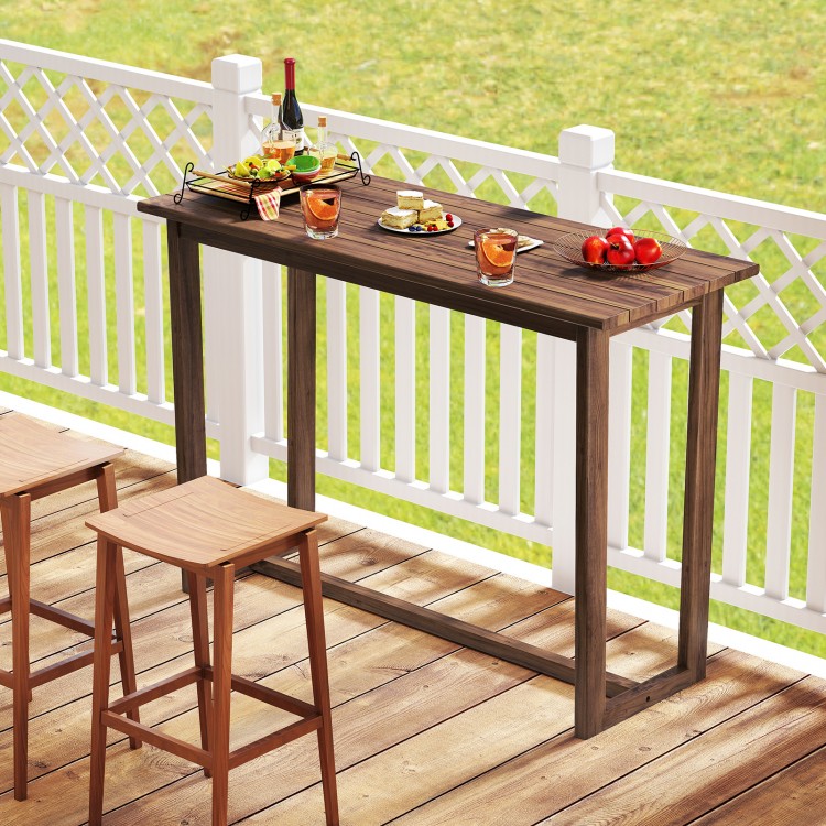 Outdoor bar table made of premium teak wood, featuring a slatted top, perfect for patio gatherings and bar chairs.