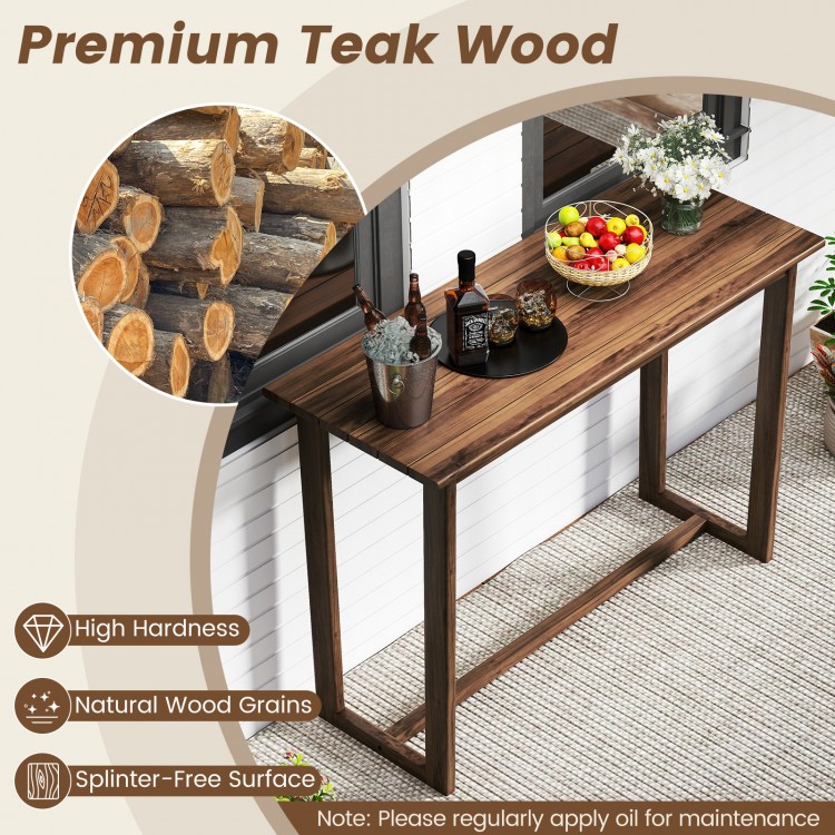 59-inch outdoor bar table made of premium teak wood with slatted top, ideal for patio gatherings and bar chairs.
