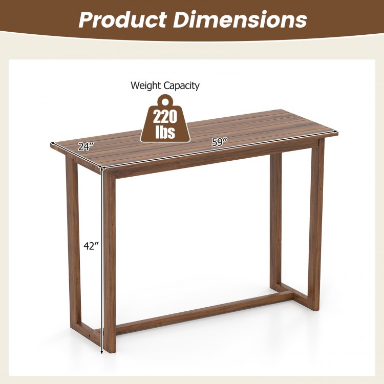 59-inch outdoor bar table with slatted top, made of teak wood, ideal for patio gatherings and bar chairs 28"-32" high.