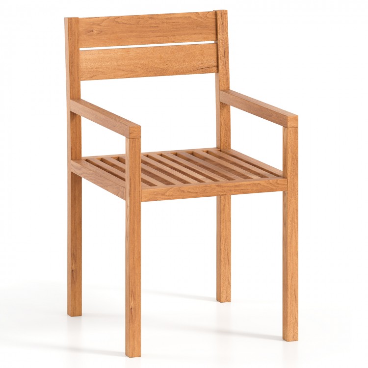 Teak wood armchair with armrests and slatted seat, perfect for outdoor patio dining and backyard relaxation.
