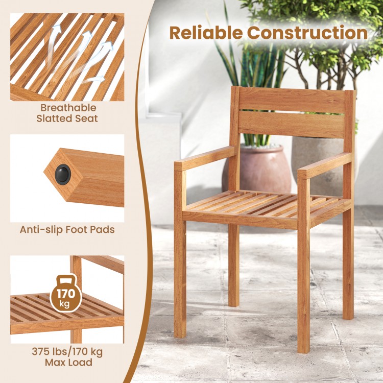 Teak wood armchair with slatted seat, anti-slip foot pads, supports 375 lbs, ideal for outdoor patio use.