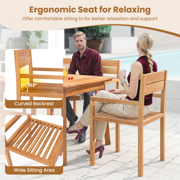 Teak wood armchair with curved backrest and wide sitting area, ideal for outdoor patio dining and relaxation.