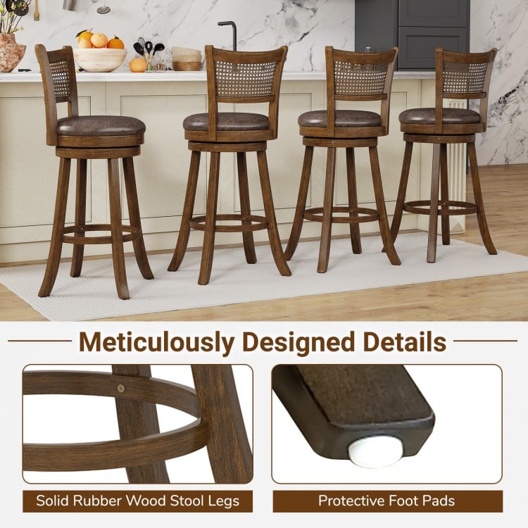 29-inch swivel barstool set of 2 with rattan backrest, solid rubber wood legs, ideal for kitchen islands or dining.