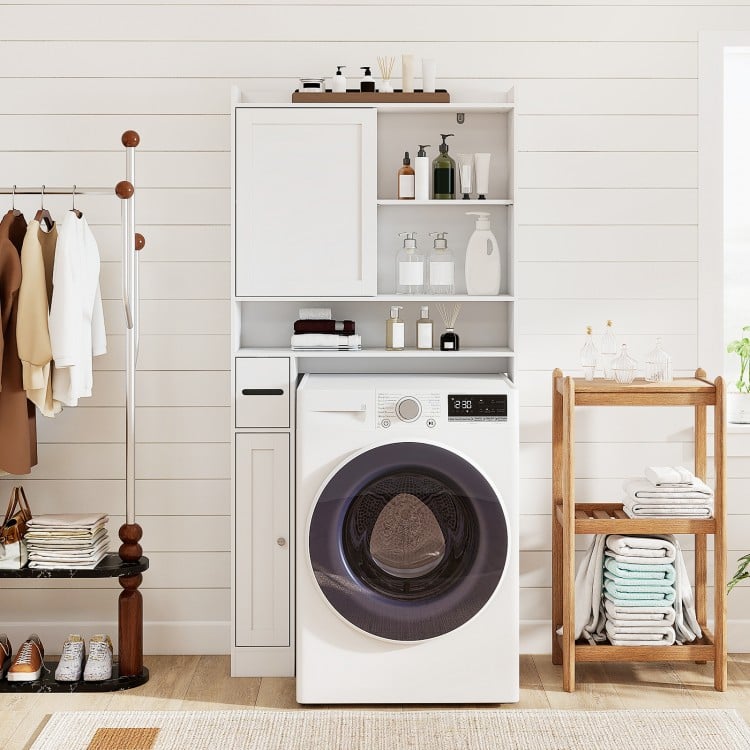 Over-the-toilet storage cabinet with a smooth surface, two open shelves, and a middle compartment for efficient.