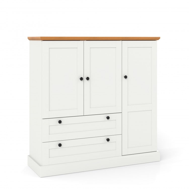 Freestanding white kitchen storage cabinet with three doors and two large drawers, featuring a wood-like countertop.