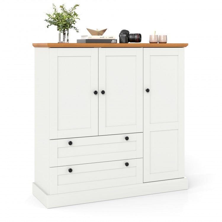 Freestanding white kitchen storage cabinet with three doors, two large drawers, and a wood-like textured countertop.