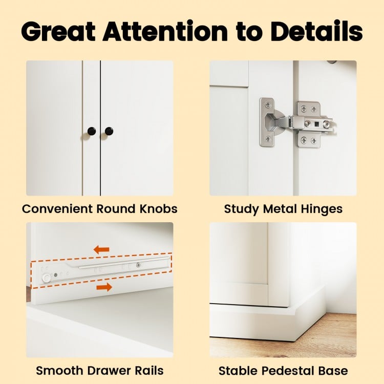 Close-up of sturdy metal hinges and smooth drawer rails on a 47.5-inch white kitchen storage cabinet for organized.