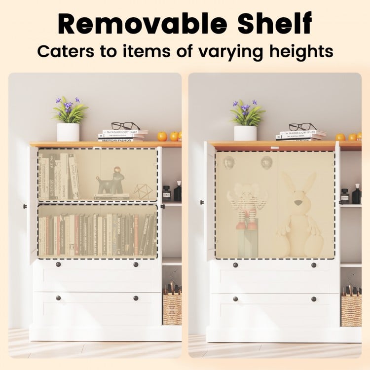 Freestanding storage cabinet with removable shelf, showcasing varying heights for organized kitchen or living room.