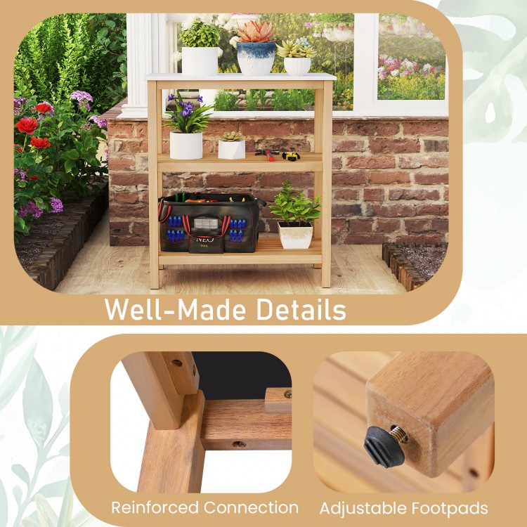 Close-up of the adjustable footpads on the 3-tier garden potting bench table, ensuring stability on uneven surfaces.