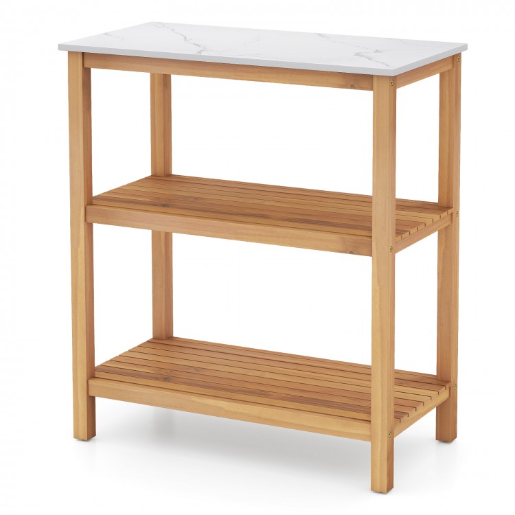 3-tier garden potting bench table with acacia wood frame and marble-like countertop, ideal for backyard or garden use.