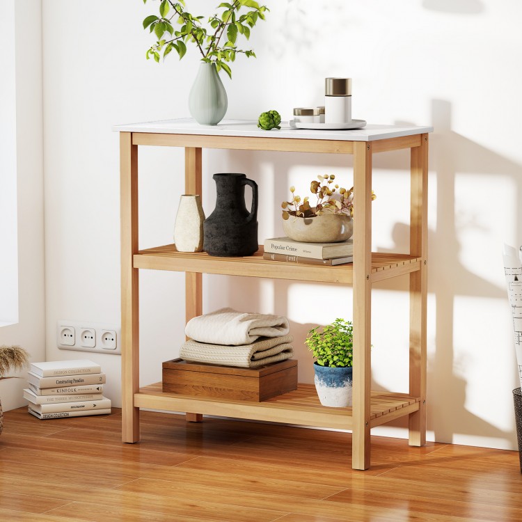 3-tier garden potting bench table with acacia wood frame and marble-like countertop, perfect for backyard or entryway.