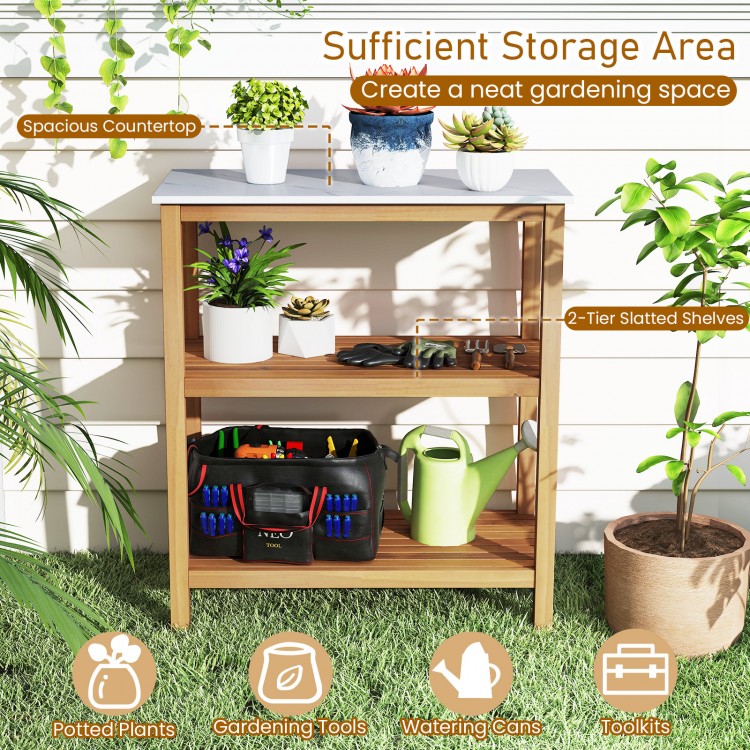 3-tier garden potting bench table with acacia wood frame and marble-like countertop, ideal for organizing gardening.