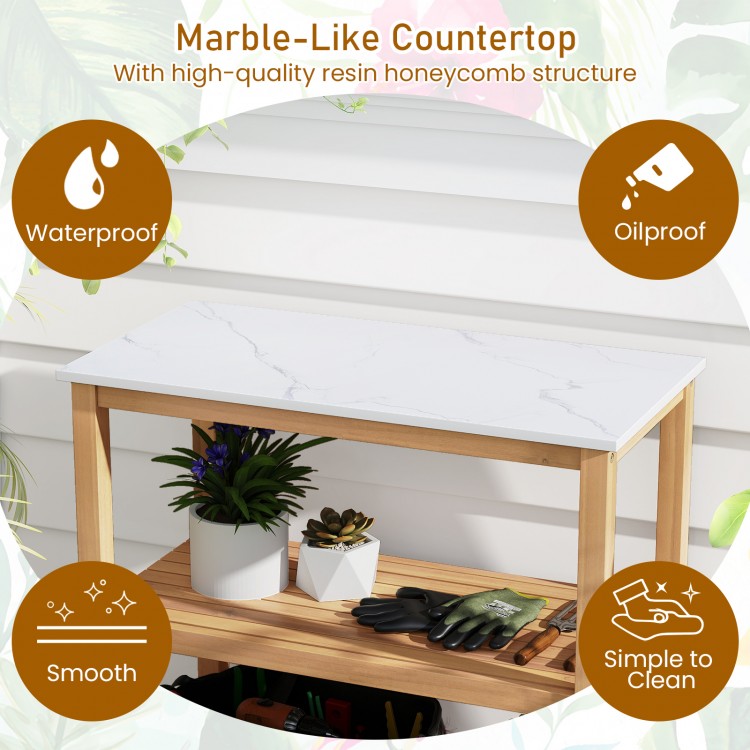 3-tier garden potting bench table with marble-like countertop, acacia wood frame, waterproof and easy to clean for.