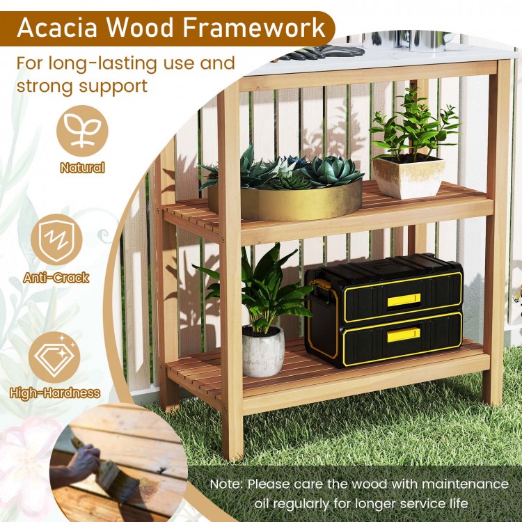3-tier garden potting bench table with acacia wood frame and marble-like countertop, ideal for backyard gardening.