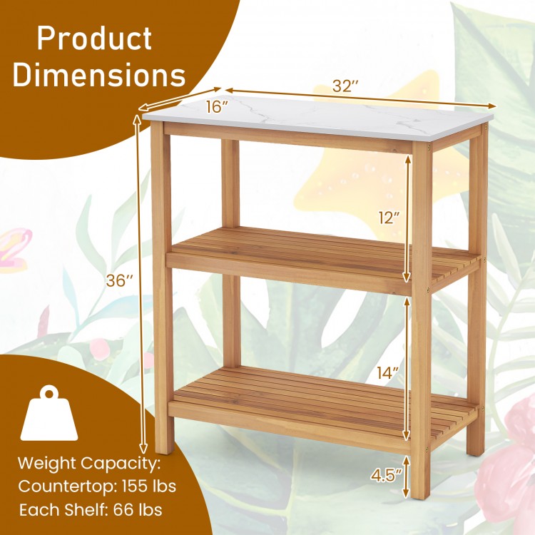 3-tier garden potting bench table with marble-like countertop, acacia wood frame, ideal for backyard and garden use.