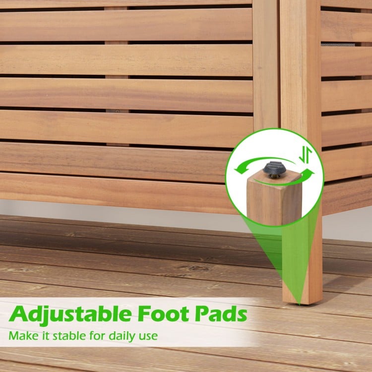 Adjustable foot pads on the acacia wood patio storage cabinet ensure stability for daily use and enhance outdoor.