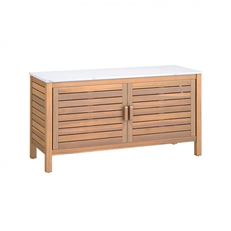 Patio storage cabinet with 2 doors, acacia wood, faux marble top, ideal for organizing outdoor essentials.