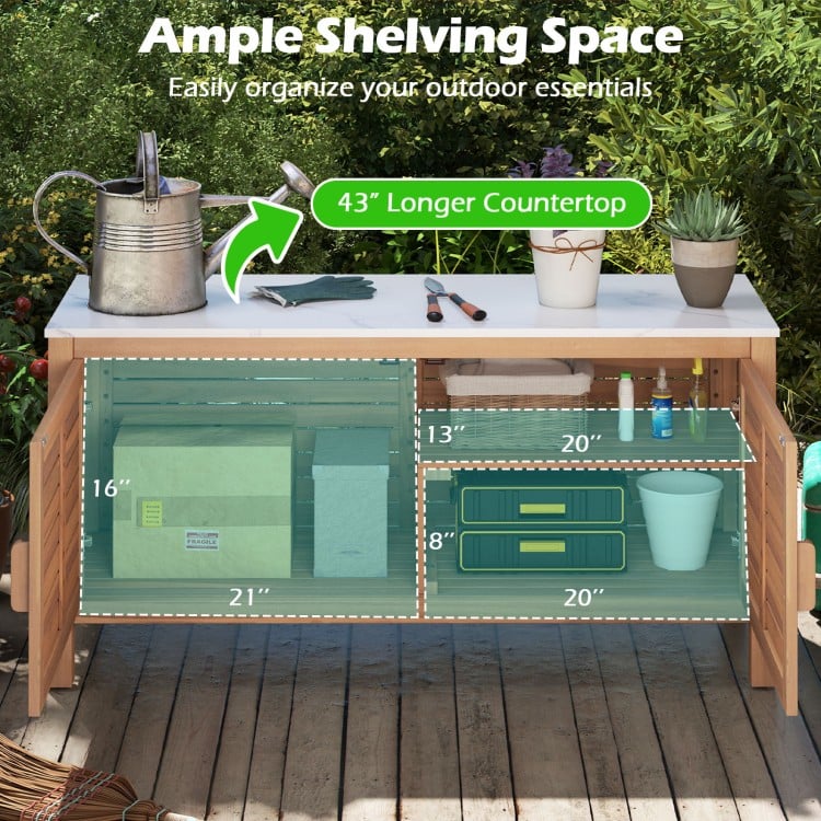 Patio storage cabinet with acacia wood, faux marble top, and ample shelving space for outdoor essentials.