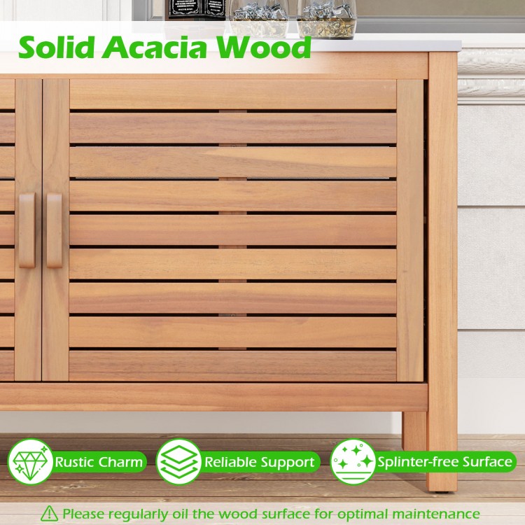 Close-up of the solid acacia wood patio storage cabinet showcasing its rustic charm and splinter-free surface.