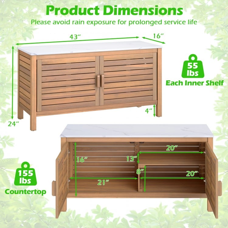 Patio storage cabinet with faux marble top, acacia wood, featuring two doors and ample shelving for outdoor essentials.