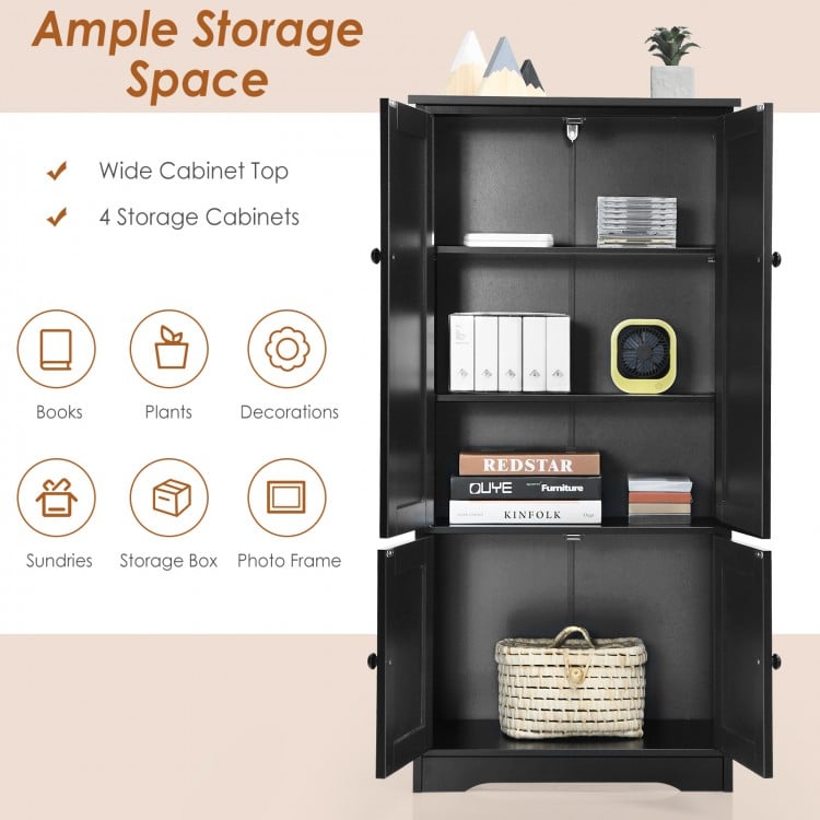 Accent floor storage cabinet in black with adjustable shelves and four cabinets, perfect for organizing various items.