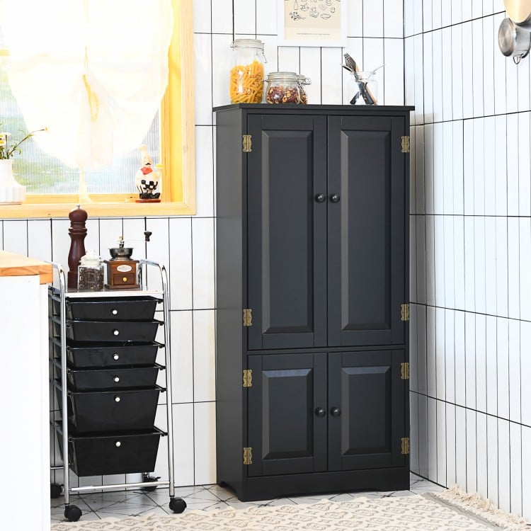Black accent floor storage cabinet with two doors and adjustable shelves, perfect for versatile room styles and ample.