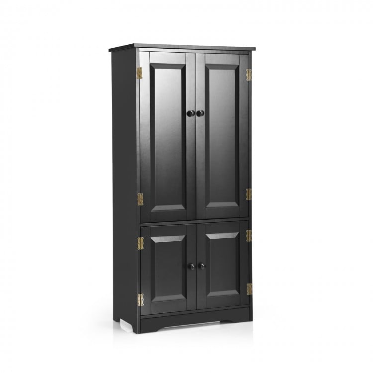 Black antique accent floor storage cabinet with adjustable shelves and four large doors for versatile storage solutions.