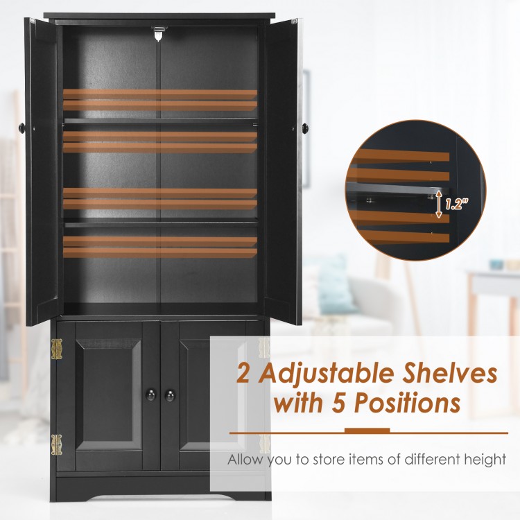 Accent floor storage cabinet in black featuring two adjustable shelves with five positions for versatile storage.