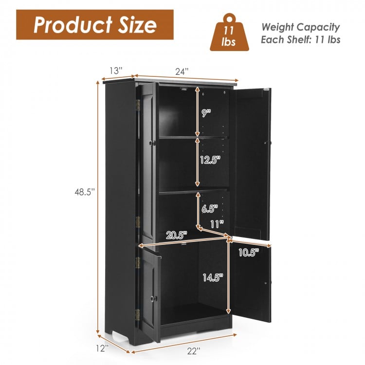 Accent floor storage cabinet in black with adjustable shelves, featuring four cabinets and a convenient round knob.