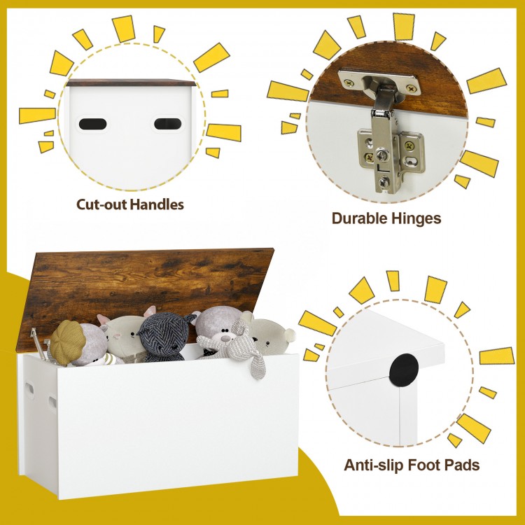 Flip-top storage chest in white with a rustic brown lid, featuring durable hinges and cut-out handles for easy access.